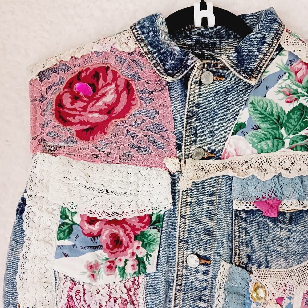 Vest Women Button-Up Jordache Demin Lace Ribbon Jewel Trim Pocket Custom Size XL - Picture 8 of 14